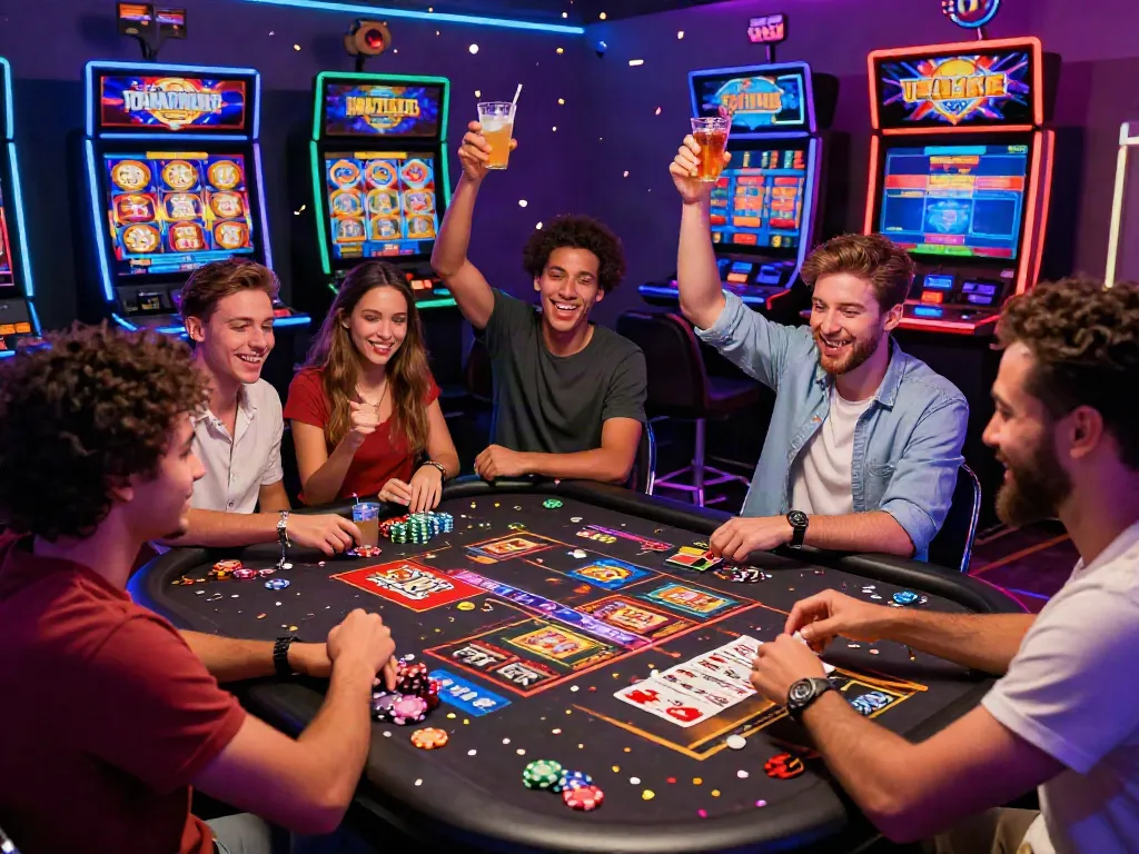 Celebration at the best casinos not on GamStop with friends enjoying online gaming.