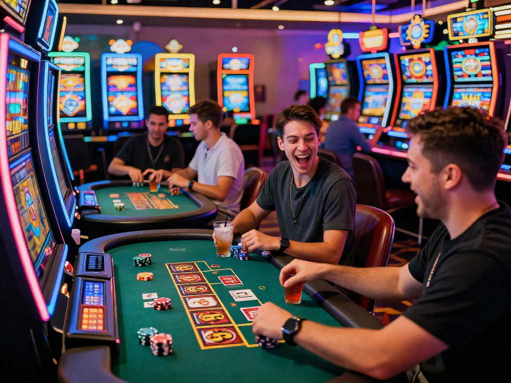 Best casinos not on gamstop featuring vibrant gaming scene with players celebrating wins and engaging at tables.