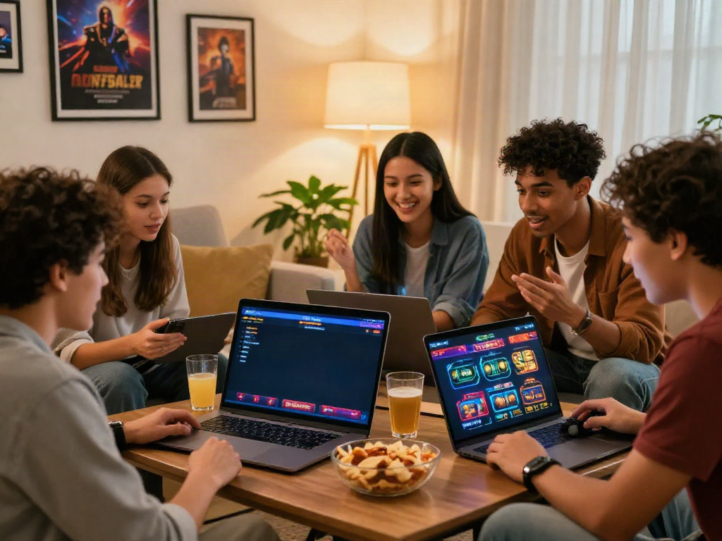 Friends enjoying online gaming experiences at the best casinos not on gamstop in a cozy setting.