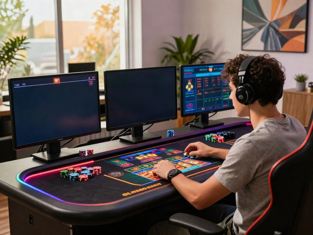 Engaged player at a sleek gaming desk exploring the best casinos not on GamStop, vibrant atmosphere and modern setup.