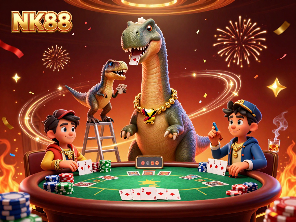 Experience epic gaming at NK88 with a vibrant 3D casino scene featuring a whimsical dinosaur and poker action.