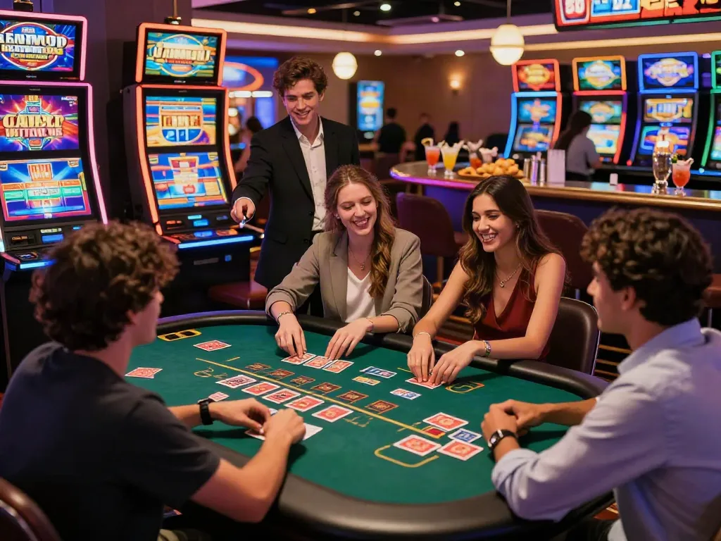 Exciting gaming atmosphere at the best casinos not on gamstop with friends enjoying blackjack and slots.