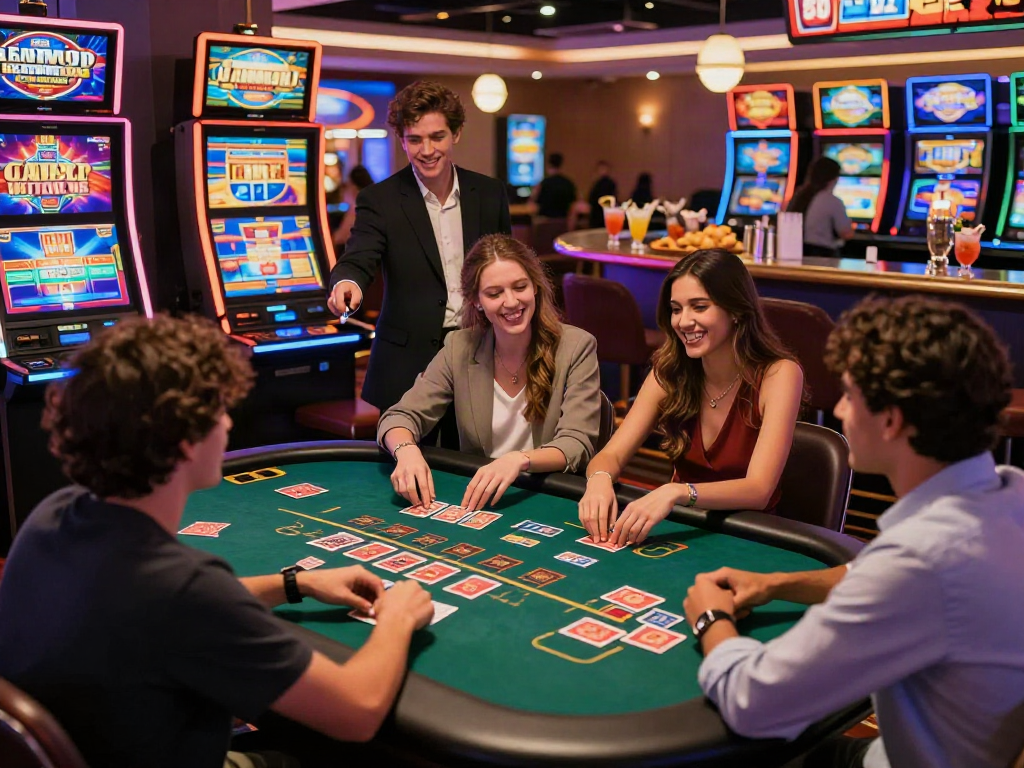Exciting gaming atmosphere at the best casinos not on gamstop with friends enjoying blackjack and slots.