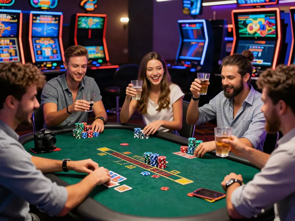 Exciting scene of friends enjoying the best casinos not on gamstop with vibrant gaming table activities and lively casino atmosphere.