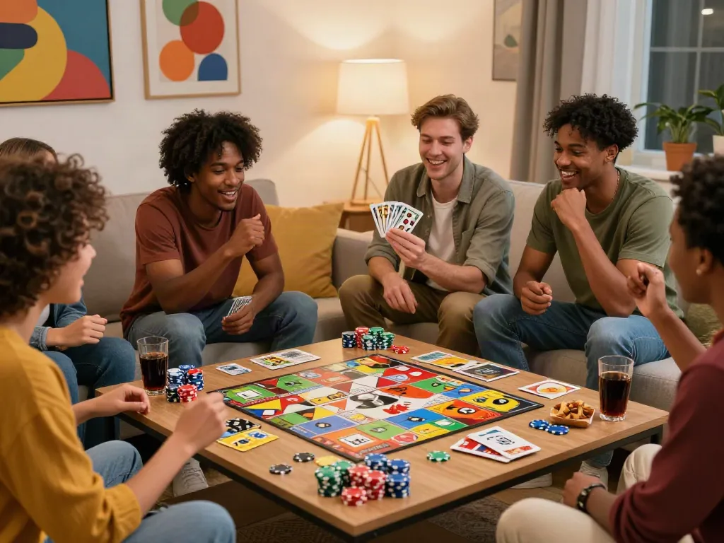 Friends enjoying game night at home, exploring best casinos not on gamstop.