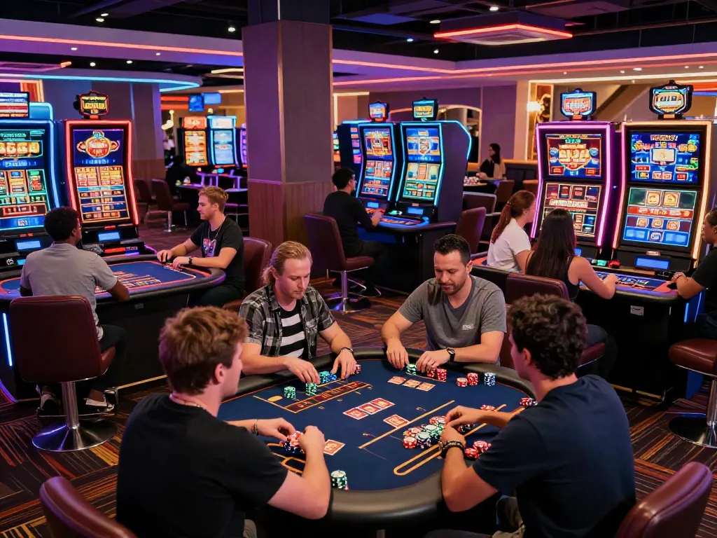 Players enjoying games at the best casinos not on GamStop with vibrant neon lights and lively atmosphere.