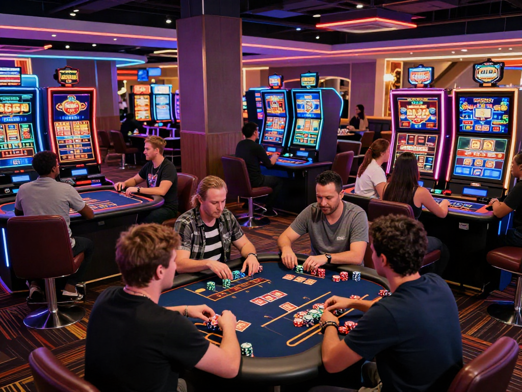 Players enjoying games at the best casinos not on GamStop with vibrant neon lights and lively atmosphere.