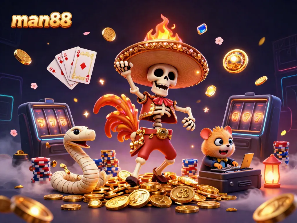 Experience the thrill of man88 with a dynamic 3D casino illustration featuring lively characters and vibrant elements.