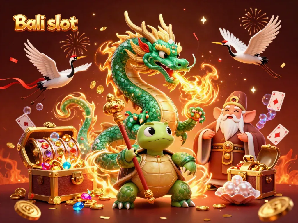 Engage with Bali slot's thrilling world, featuring a dragon and treasures under a vibrant sky.