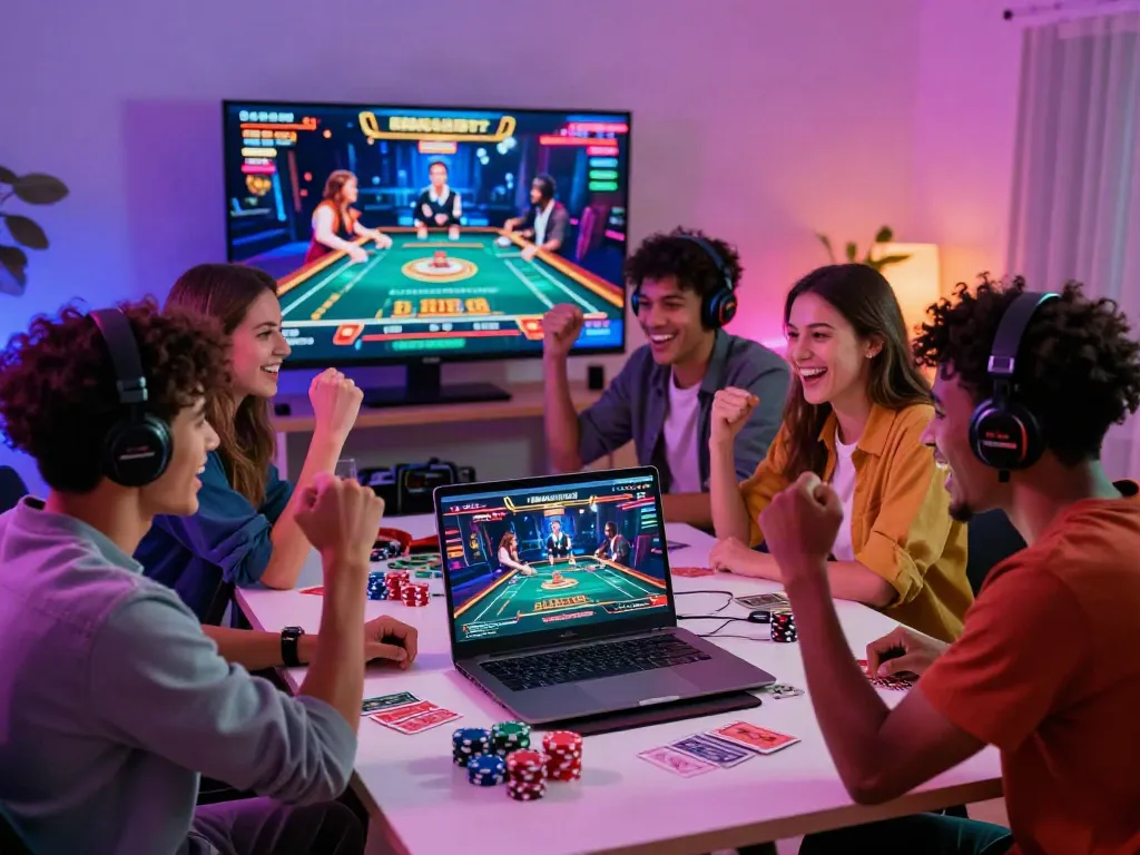 Friends enjoying the best casinos not on gamstop, celebrating a big win in an exciting home gaming environment.