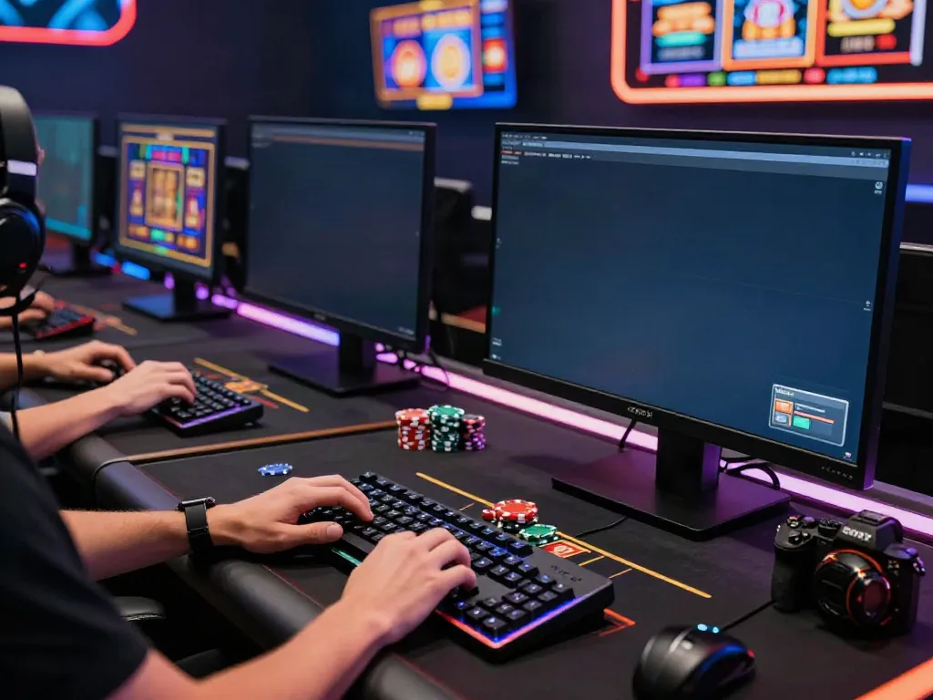 Exciting gaming setup showcasing the best casinos not on gamstop experience with monitors, chips, and gaming accessories.