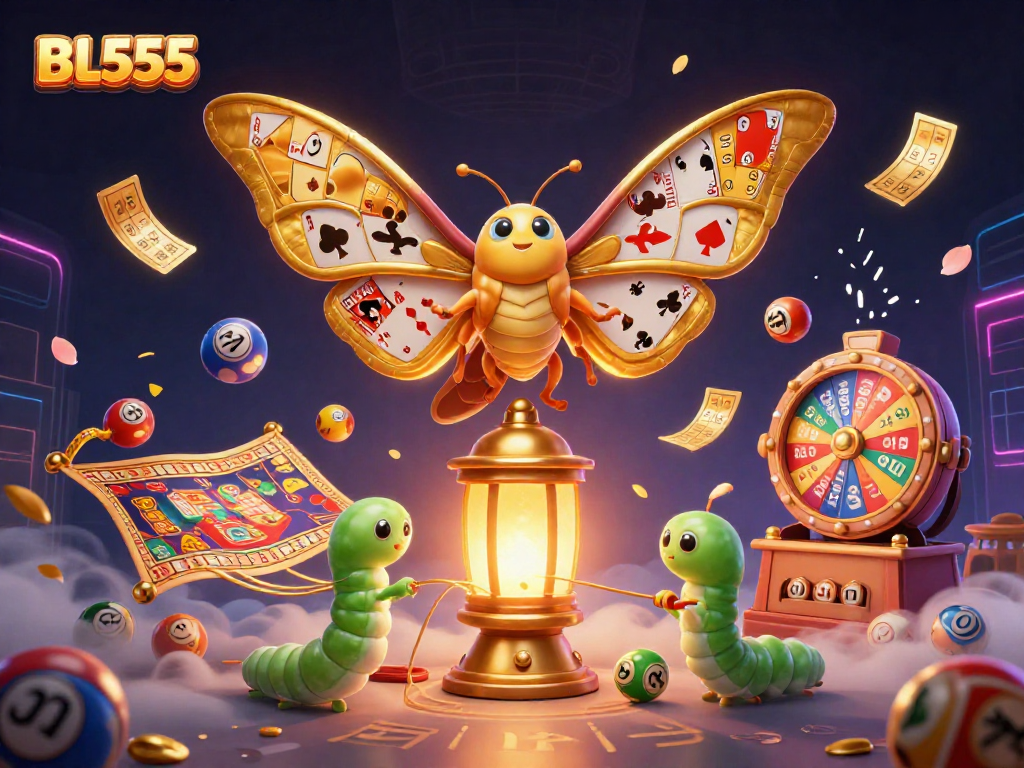 Experience the excitement at BL555 with a stunning 3D illustration of a moth and casino elements.