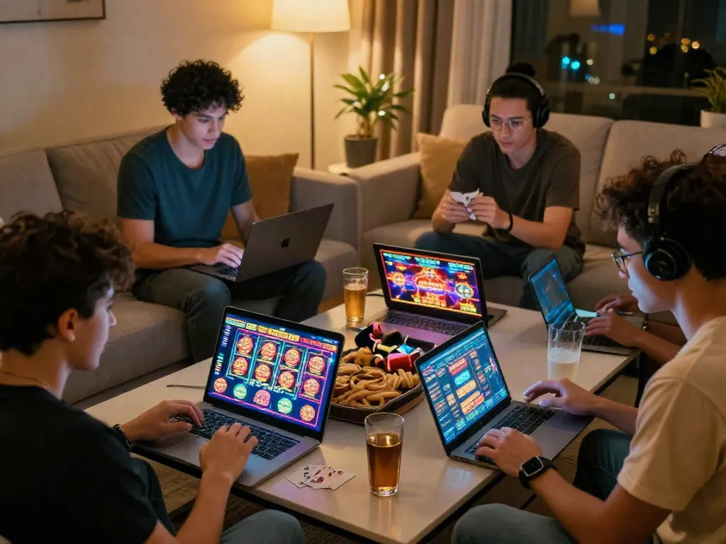 Friends enjoying best casinos not on gamstop while playing online games in a cozy setting.