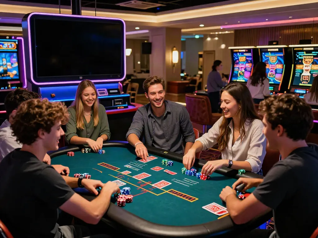 Vibrant casino scene featuring friends playing at a live dealer table, capturing the essence of the best casinos not on gamstop.