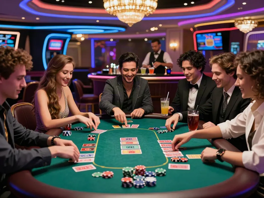 Friends enjoying card games at the best casinos not on gamstop, lively casino atmosphere.