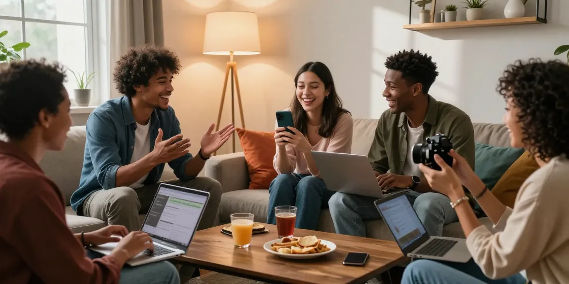 Vibrant sexchat scene with friends engaged in lively conversation, using laptops and smartphones in a cozy living room.
