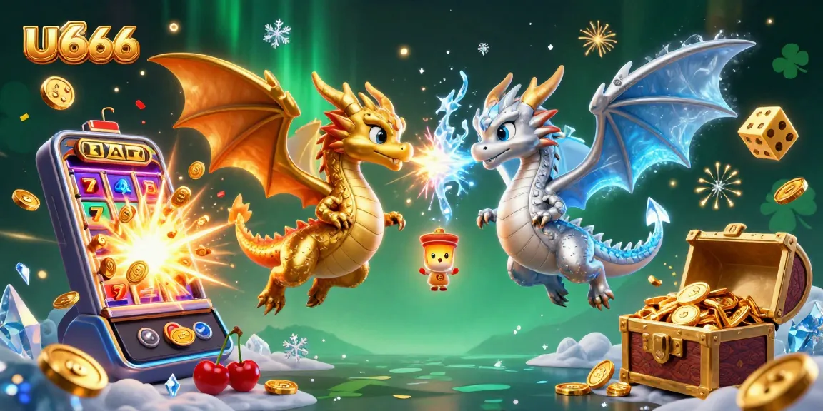 Experience thrilling luck at UU666, with twin dragons wielding fire and ice in a vibrant casino scene.