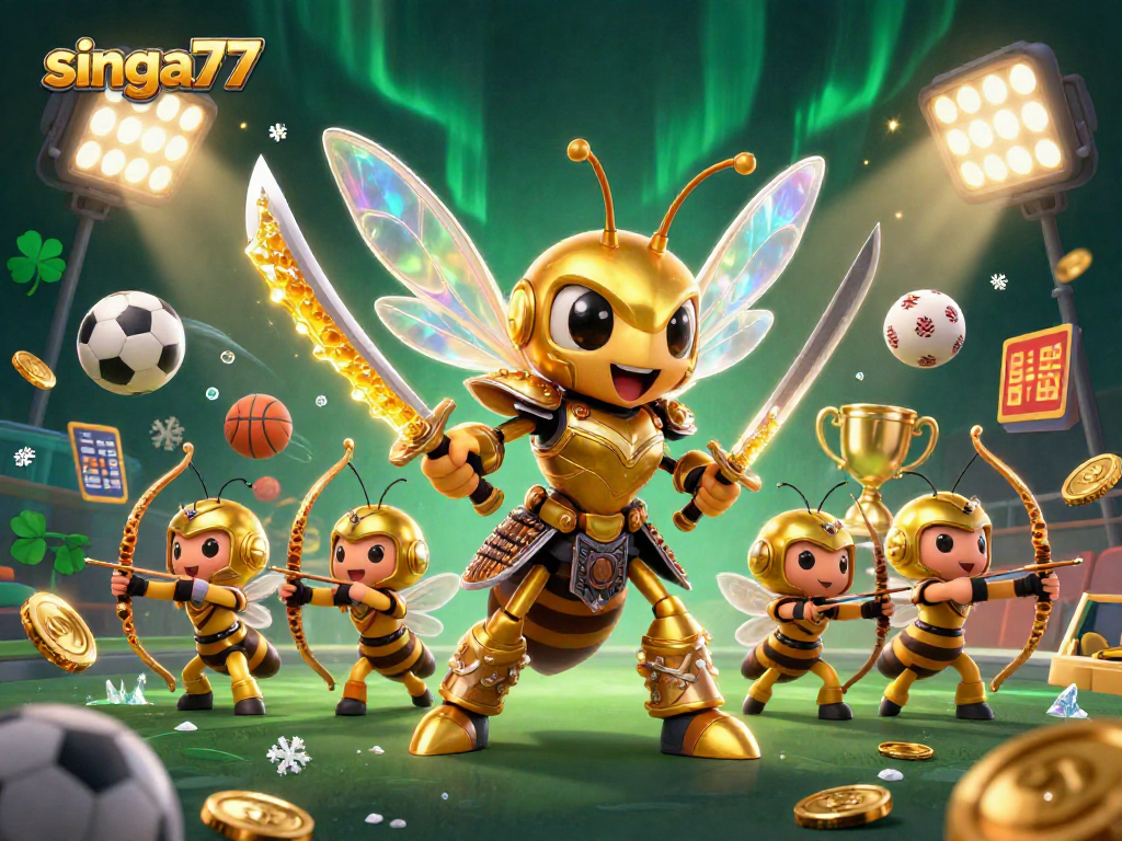 Singa77 showcases a dynamic 3D illustration of a golden hornet samurai amidst sports elements, capturing the thrill of gambling.