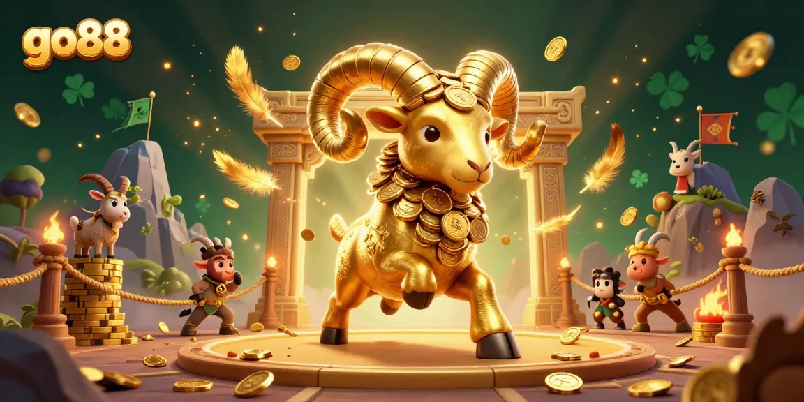 Experience go88's thrilling action with a golden ram charging through a vibrant casino scene filled with gold coins and festive elements.