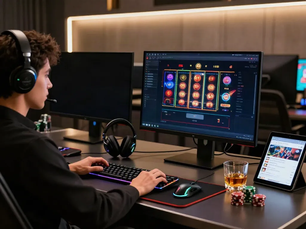 Experience the thrill of the best casinos not on gamstop with a luxurious gaming setup featuring a sleek desk, vibrant games, and poker chips.