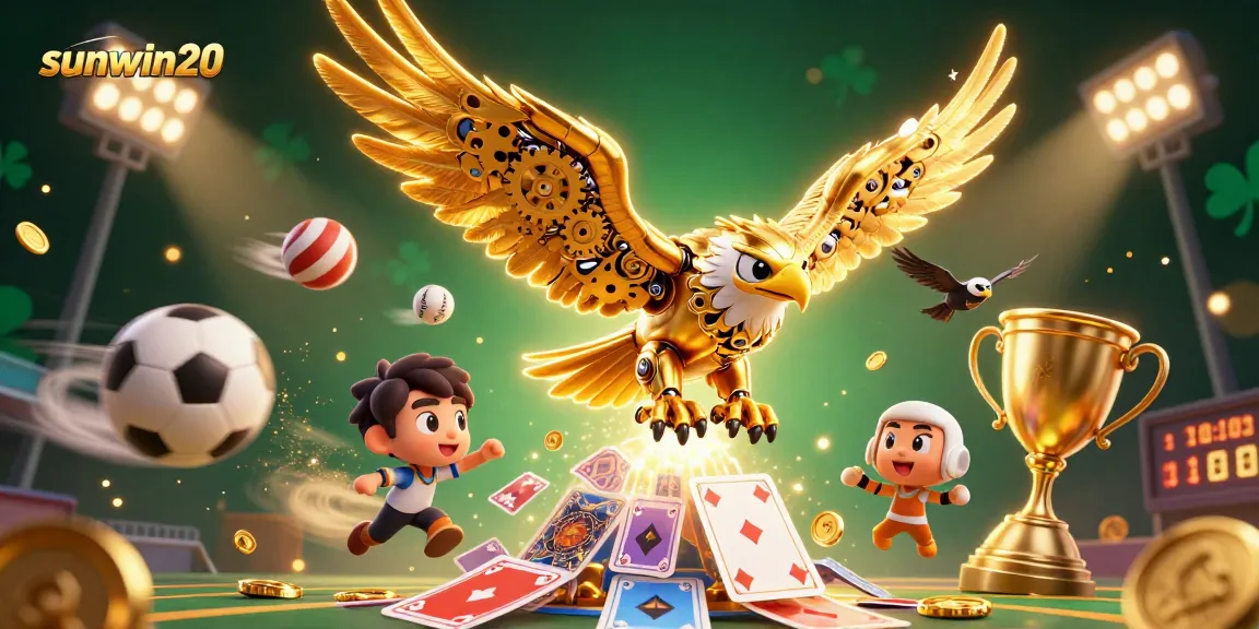 Experience the thrill of sunwin20 with a 3D golden eagle soaring through dynamic casino-themed elements.