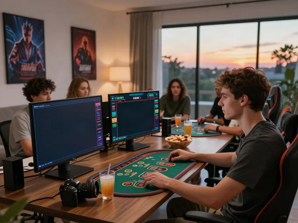 Friends enjoying an online gaming session at a stylish setup, highlighting best casinos not on gamstop.