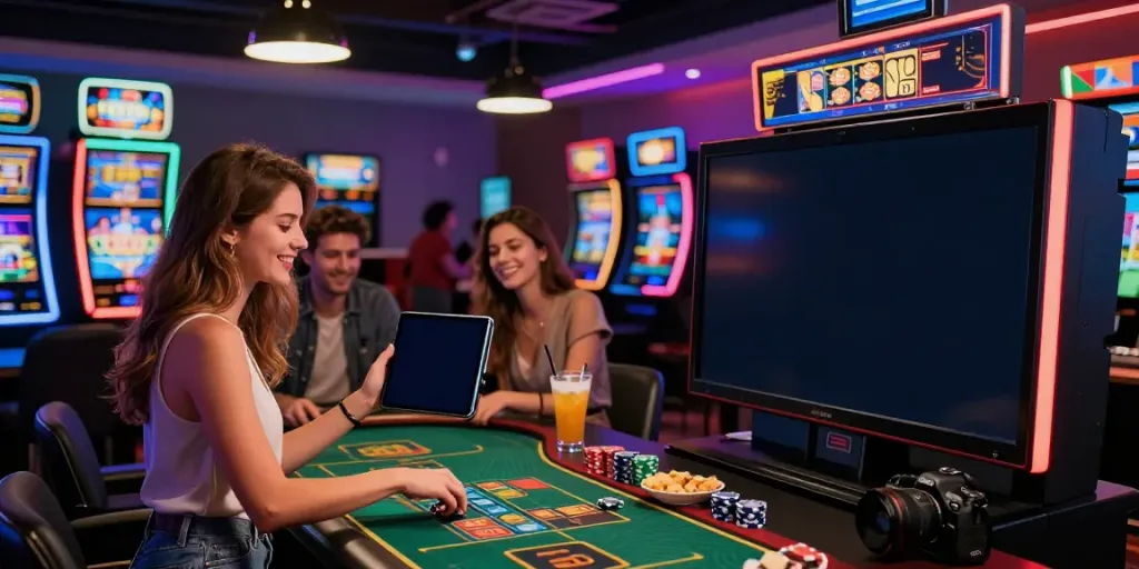 Best casinos not on gamstop scene showing friends enjoying gaming at a vibrant casino lounge.