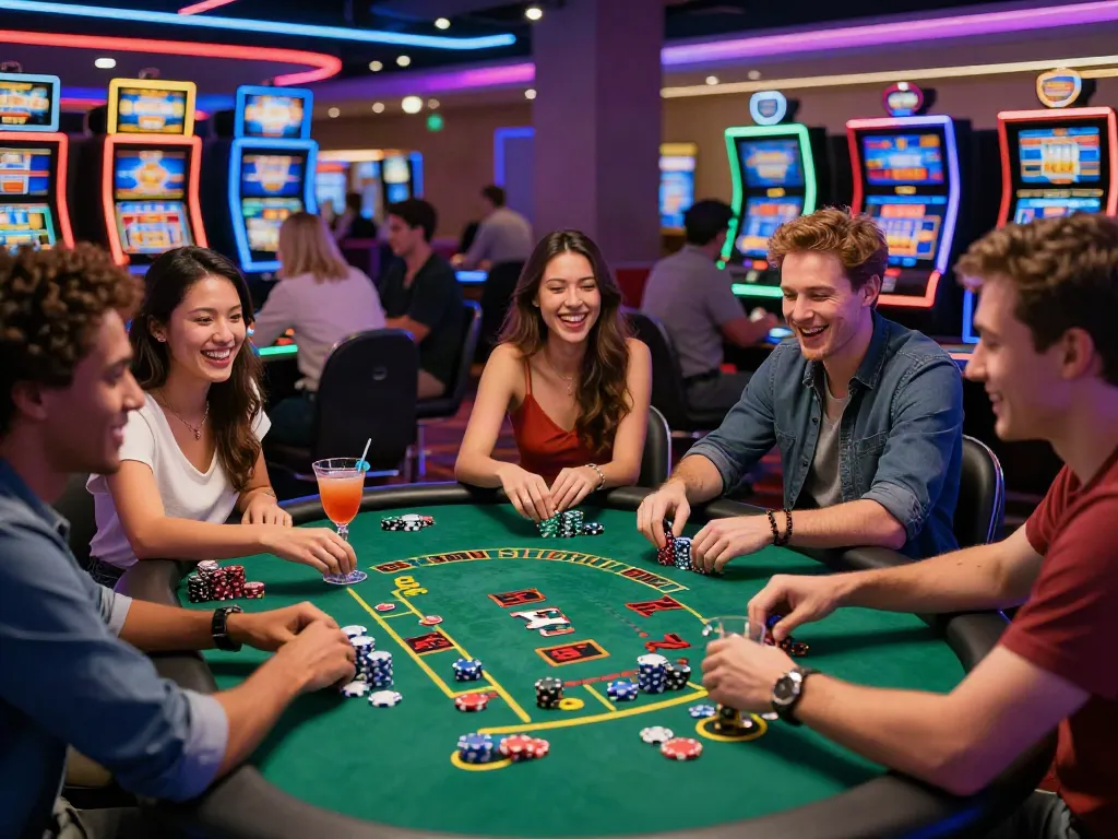 Best casinos not on gamstop scene with friends enjoying blackjack and cocktails in a vibrant casino atmosphere.