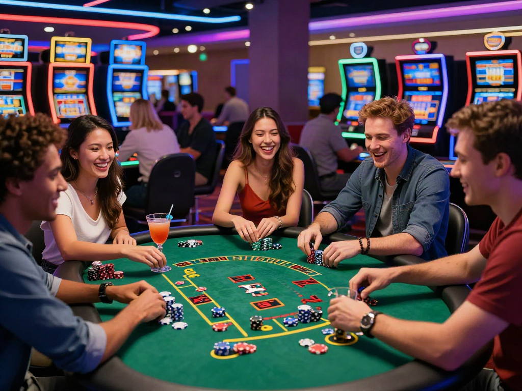 Best casinos not on gamstop scene with friends enjoying blackjack and cocktails in a vibrant casino atmosphere.