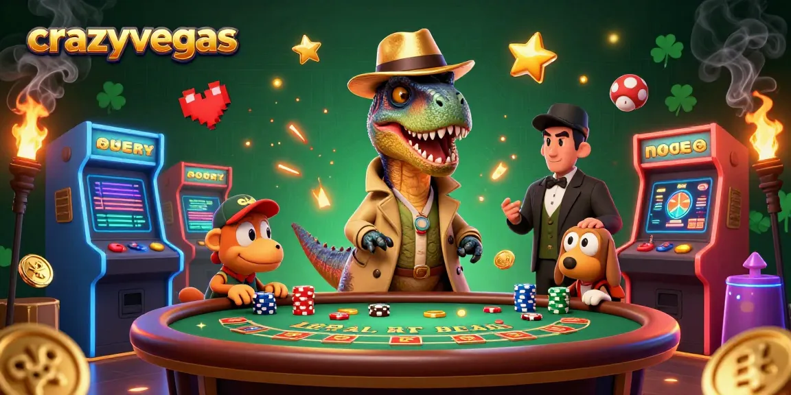 Join the thrilling action at crazyvegas with a clever velociraptor at blackjack, surrounded by colorful casino elements.