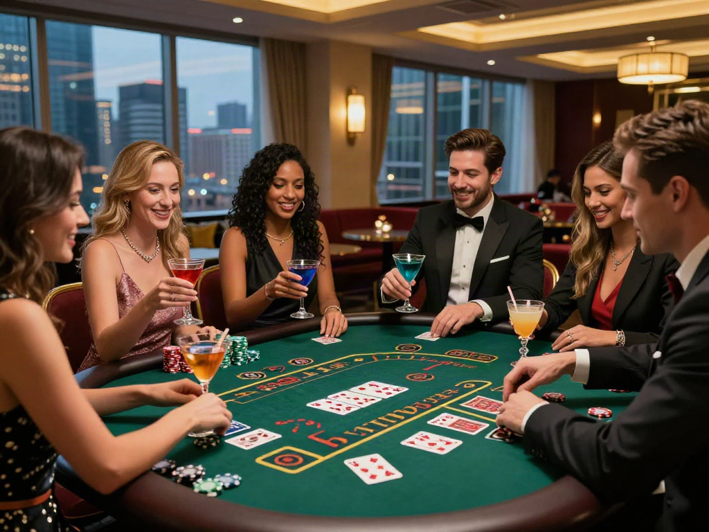 Group enjoying gaming at best casinos not on gamstop, vibrant casino atmosphere with cocktails and laughter.