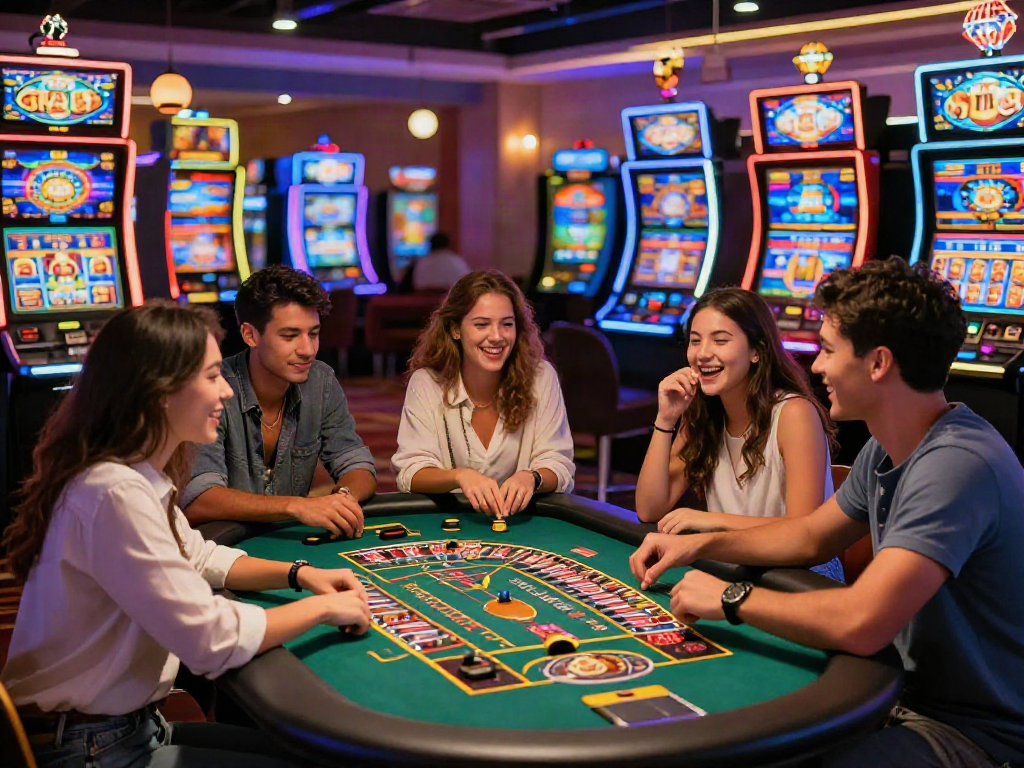 Friends enjoying vibrant gaming at the best casinos not on gamstop, surrounded by slot machines and festive decor.