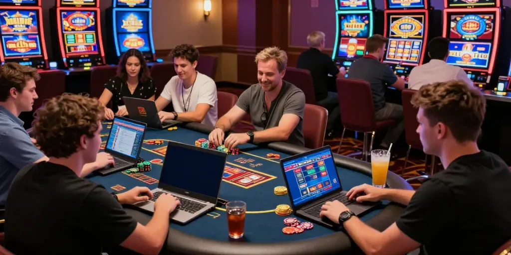 Players enjoying the best casinos not on GamStop in an energetic online gaming environment, showcasing excitement and fun.