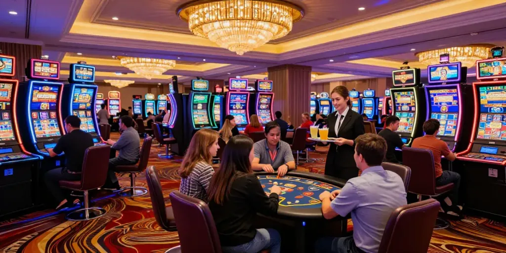 Exciting atmosphere at the best casinos not on gamstop with players enjoying games and cocktails.