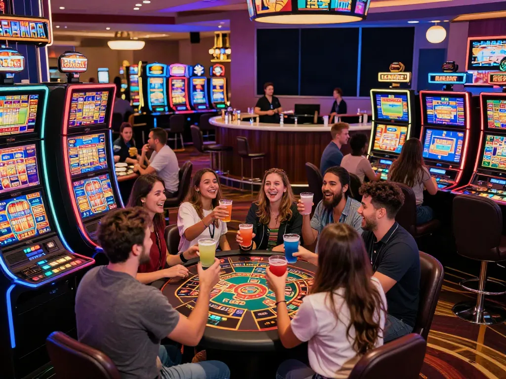 The excitement of players enjoying the best casinos not on GamStop with vibrant slot machines and gaming tables.