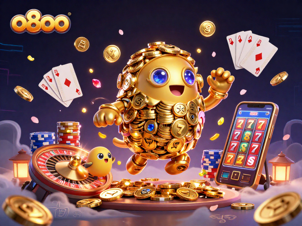 Experience the excitement of o8oo with a vibrant 3D casino illustration showcasing golden games and dynamic elements.
