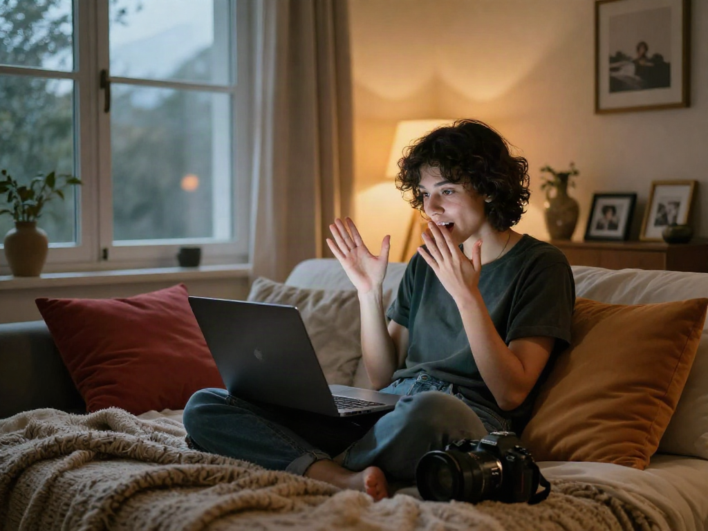 Engaging in a sexchat conversation in a cozy home environment with warm lighting.