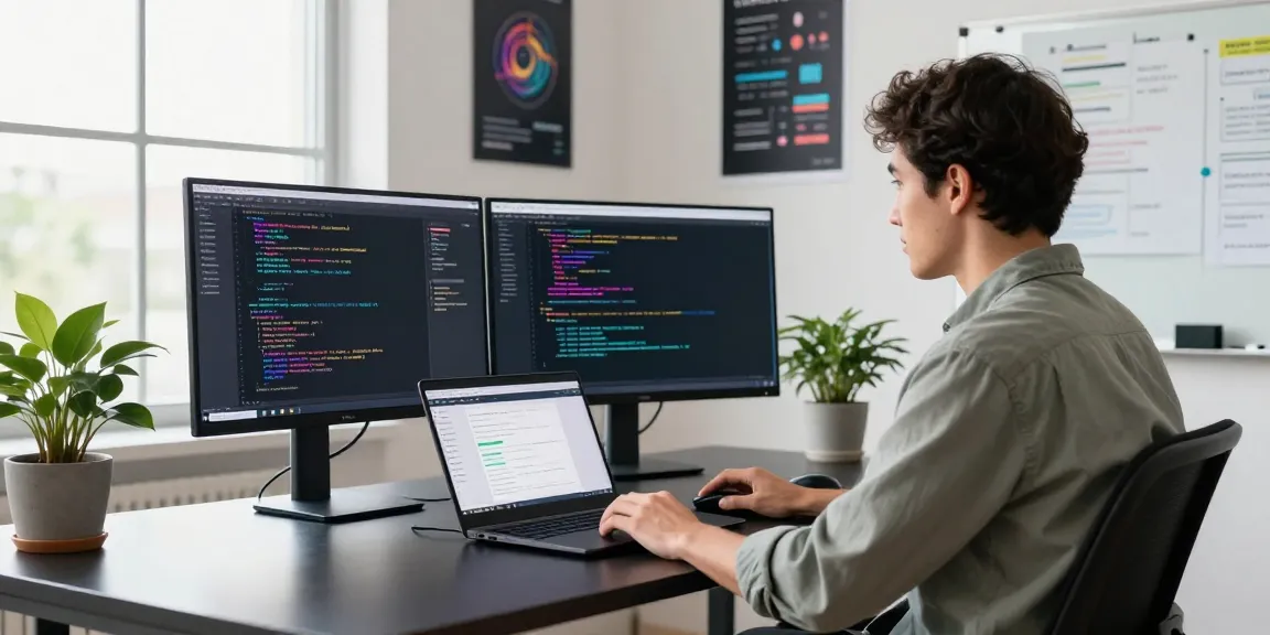 Instant indexing setup in a modern tech workspace showing code on dual monitors and a web design laptop.