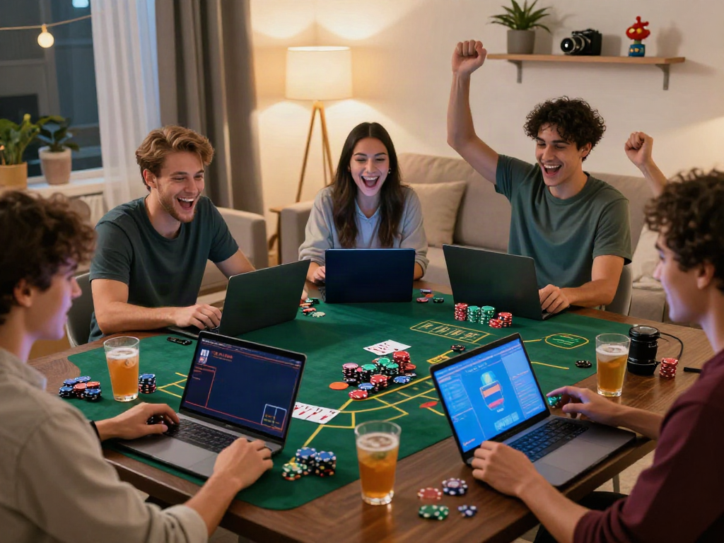 Friends celebrating while playing at the best casinos not on GamStop in a lively home setting.