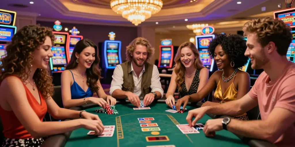 Exciting gaming scene at one of the best casinos not on GamStop, with friends enjoying a lively atmosphere.