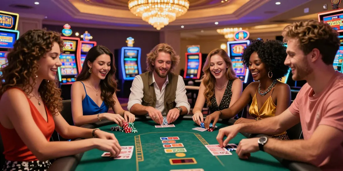 Exciting gaming scene at one of the best casinos not on GamStop, with friends enjoying a lively atmosphere.