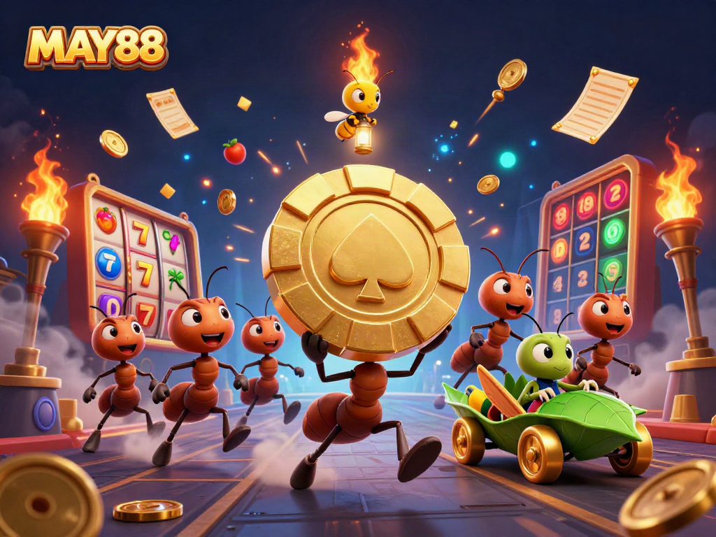 MAY88 reveals a heist scene featuring cartoon ants carrying a giant poker chip, amidst a lively casino atmosphere.