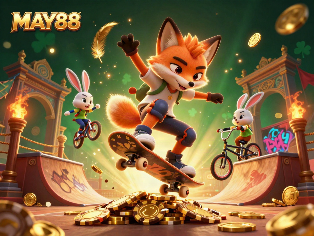 The illustrated scene showcases MAY88's vibrant online casino themes with a playful twist featuring a fox and a rabbit.