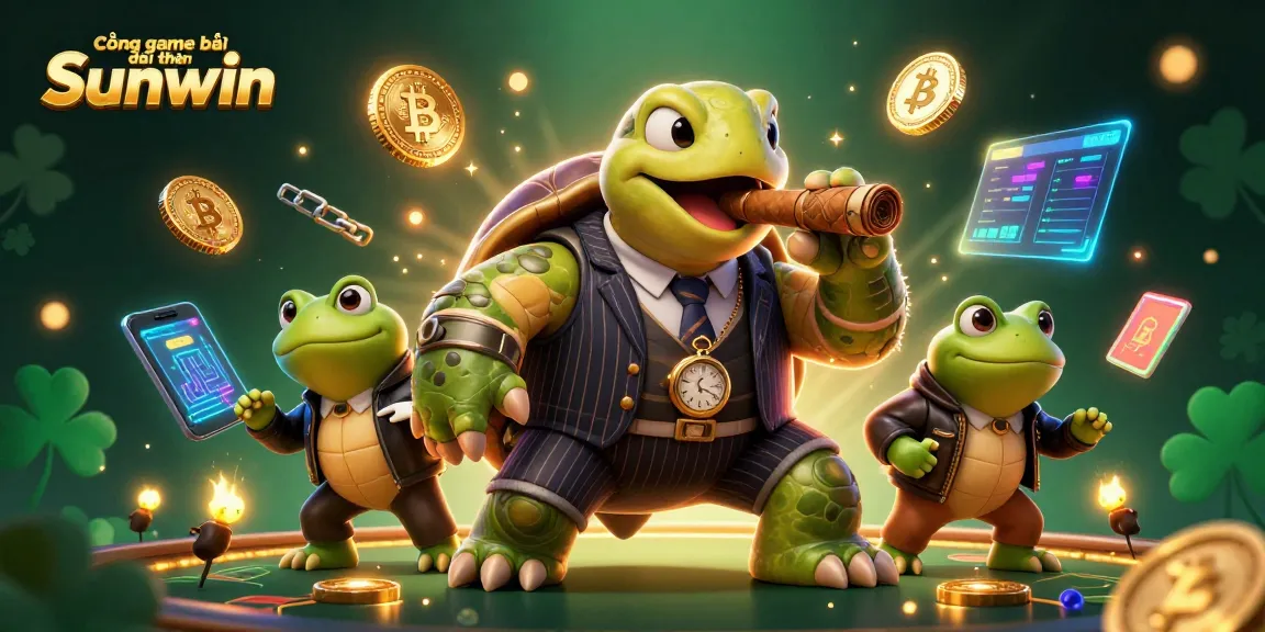 Experience Cổng game bài đổi thưởng Sunwin in a vibrant 3D casino setting featuring a snapping turtle and bullfrog enforcers.