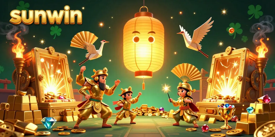 Experience the excitement of sunwin as a golden lantern spirit illuminates a busy casino night market, surrounded by treasures.