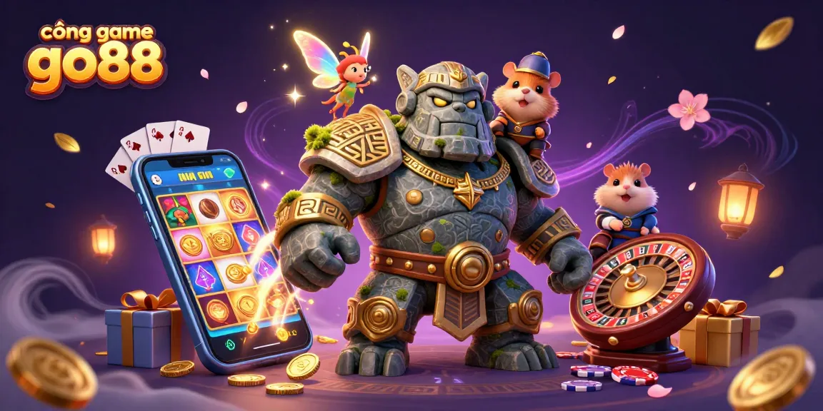 Engaging scene featuring cổng game go88 with a golem guardian, fairy, and hamster knight among casino elements.